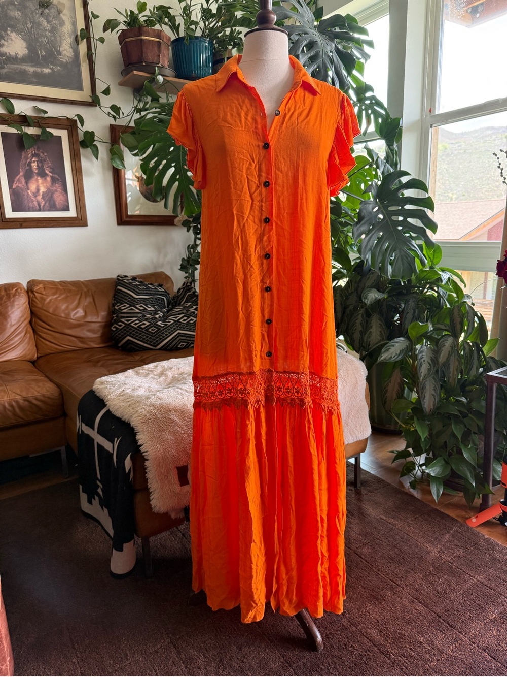 Women’s Orange Button-Front Maxi Dress with Lace Trim